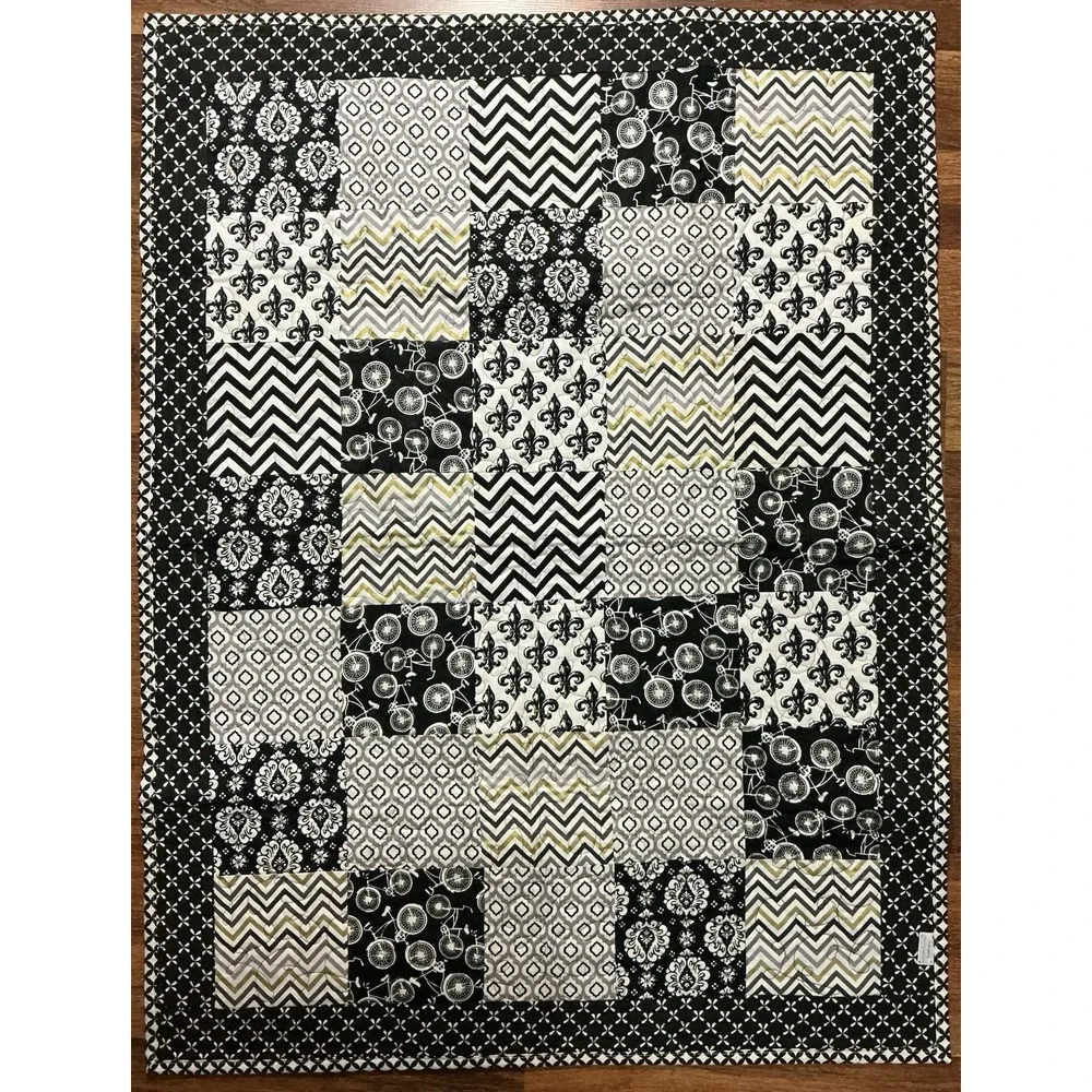 Handcrafted By Dee Black & White Patchwork Quilt 40in X 30in Bicycles & Chevron